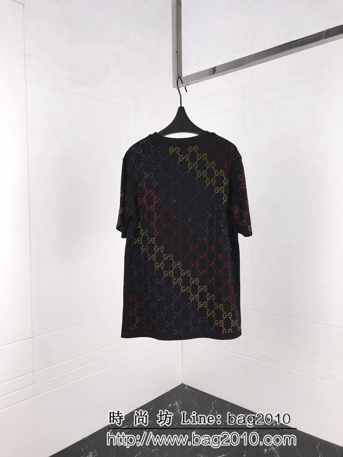 GUCCI古馳 19ss春夏新秀款 全身雙G燙鑽工藝 短袖T-shirt 三色鑽漸變效果 男女同款 ydi2400